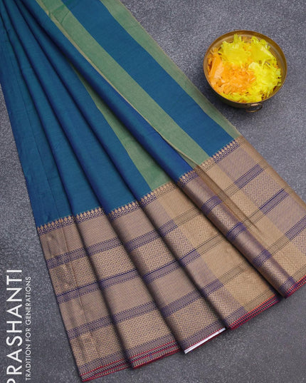 Narayanpet cotton saree dual shade of bluish green with plain body and long thread woven border - {{ collection.title }} by Prashanti Sarees