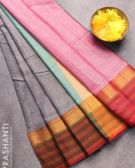 Narayanpet cotton saree grey and maroon with plain body and zari woven simple border - {{ collection.title }} by Prashanti Sarees