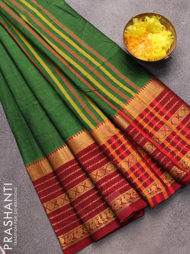 Narayanpet cotton saree green and maroon with plain body and long zari woven border - {{ collection.title }} by Prashanti Sarees