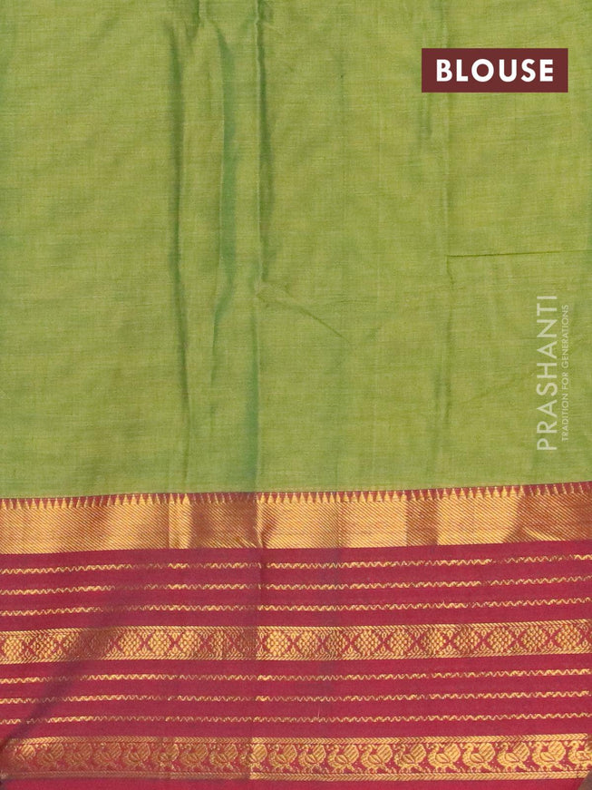 Narayanpet cotton saree light green and maroon with plain body and long zari woven border - {{ collection.title }} by Prashanti Sarees