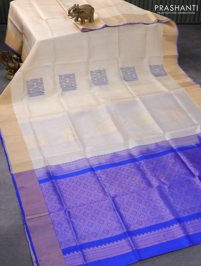 Pure soft silk saree cream and blue with thread & zari woven buttas and zari woven border - {{ collection.title }} by Prashanti Sarees