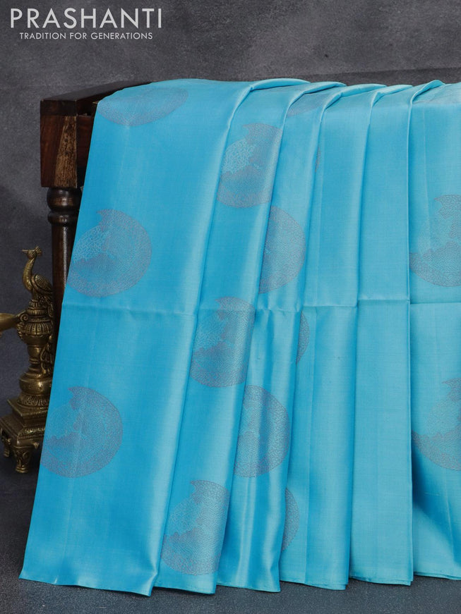 Pure soft silk saree light blue and pink with zari woven buttas in borderless style - {{ collection.title }} by Prashanti Sarees