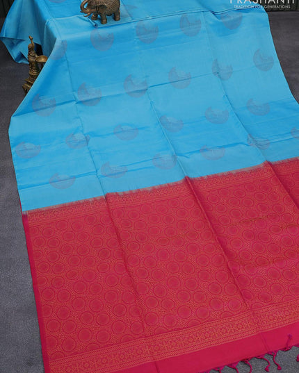 Pure soft silk saree light blue and pink with zari woven buttas in borderless style - {{ collection.title }} by Prashanti Sarees
