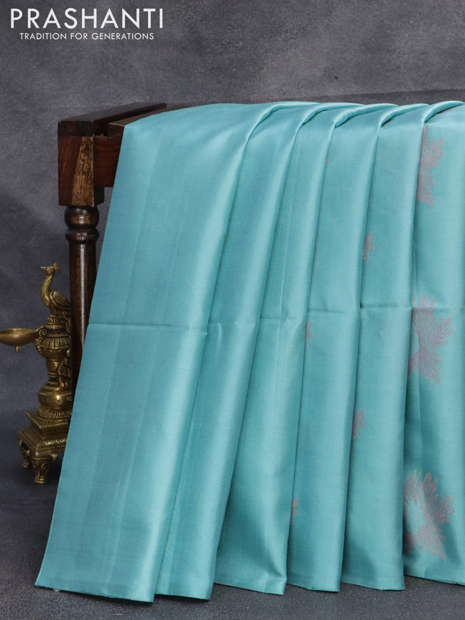 Pure soft silk saree pastel blue and pink with thread woven buttas in borderless style - {{ collection.title }} by Prashanti Sarees