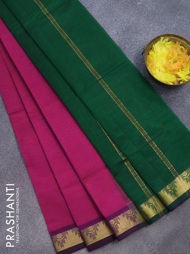 Silk cotton saree pink and green with plain body and temple design zari woven border - {{ collection.title }} by Prashanti Sarees