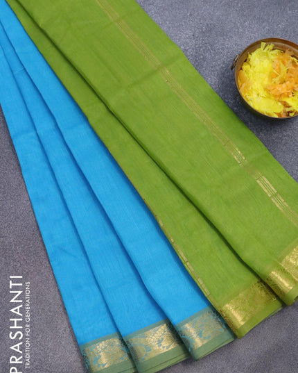 Silk cotton saree light blue and light green with plain body and zari woven border - {{ collection.title }} by Prashanti Sarees