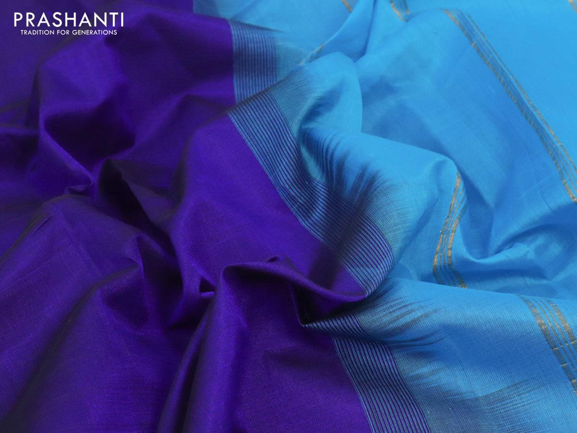 Silk cotton saree blue and light blue with plain body and zari woven border - {{ collection.title }} by Prashanti Sarees