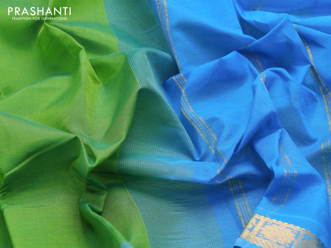 Silk cotton saree light green and light blue with plain body and zari woven border - {{ collection.title }} by Prashanti Sarees