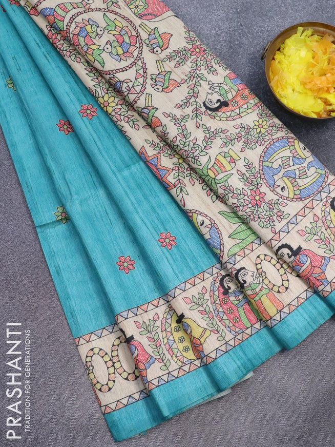 Semi tussar saree teal blue and beige with madhubani butta prints and madhubani printed border - {{ collection.title }} by Prashanti Sarees