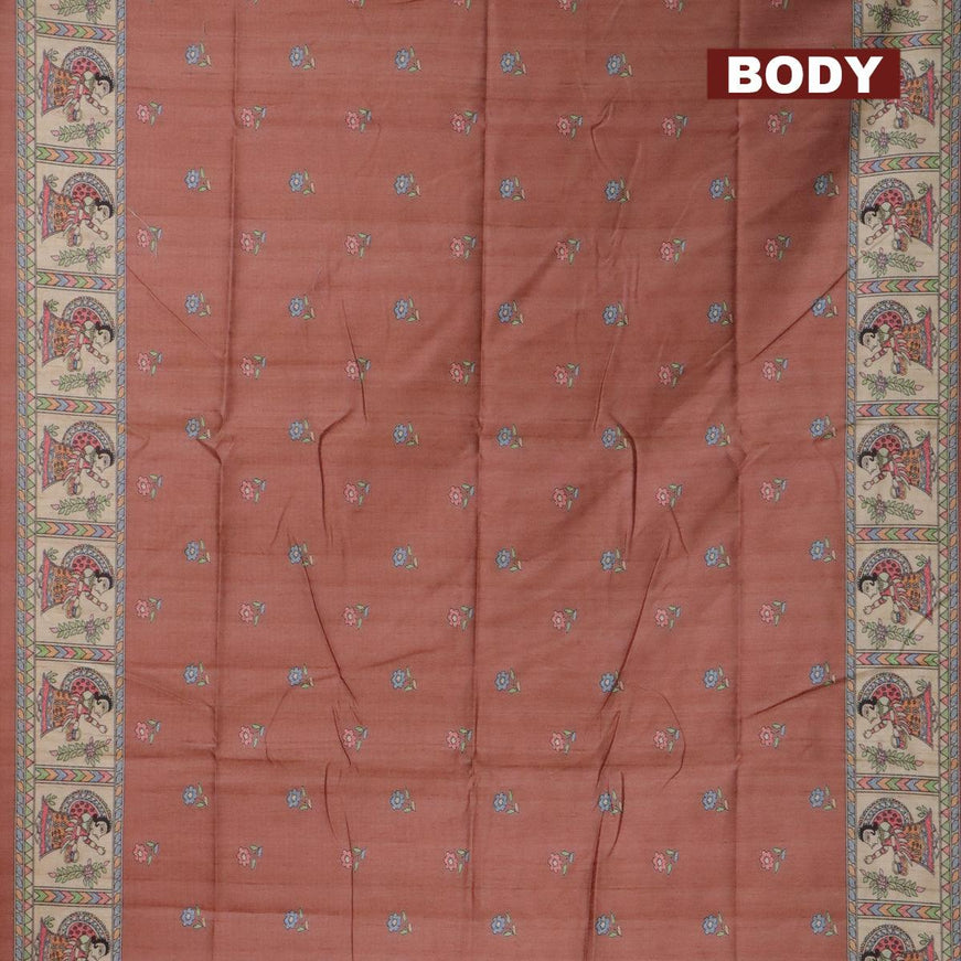 Semi tussar saree brown and beige with madhubani butta prints and madhubani printed border - {{ collection.title }} by Prashanti Sarees