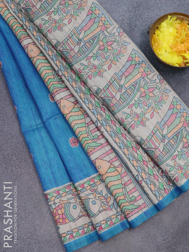 Semi tussar saree cs blue and beige with madhubani butta prints and madhubani printed border - {{ collection.title }} by Prashanti Sarees