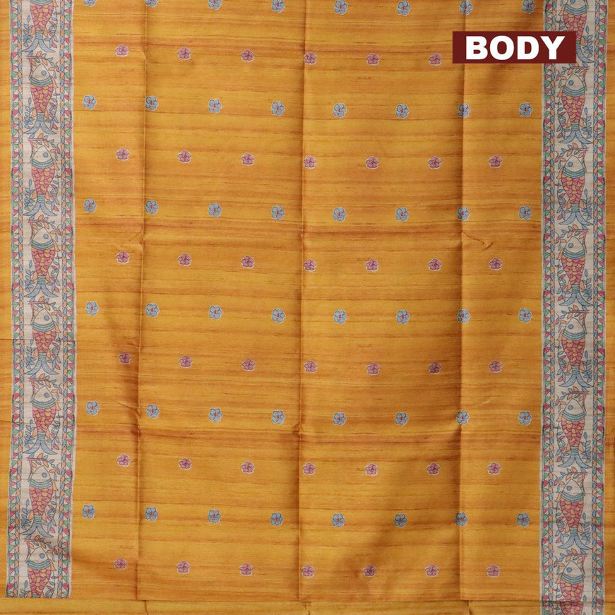Semi tussar saree mustard yellow and beige with madhubani butta prints and madhubani printed border - {{ collection.title }} by Prashanti Sarees