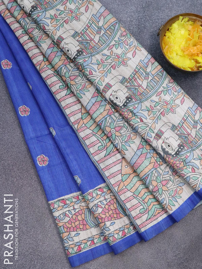 Semi tussar saree blue and beige with madhubani butta prints and madhubani printed border - {{ collection.title }} by Prashanti Sarees