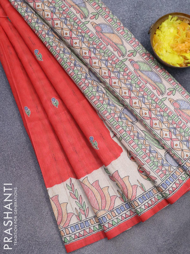 Semi tussar saree red and beige with madhubani butta prints and madhubani printed border - {{ collection.title }} by Prashanti Sarees