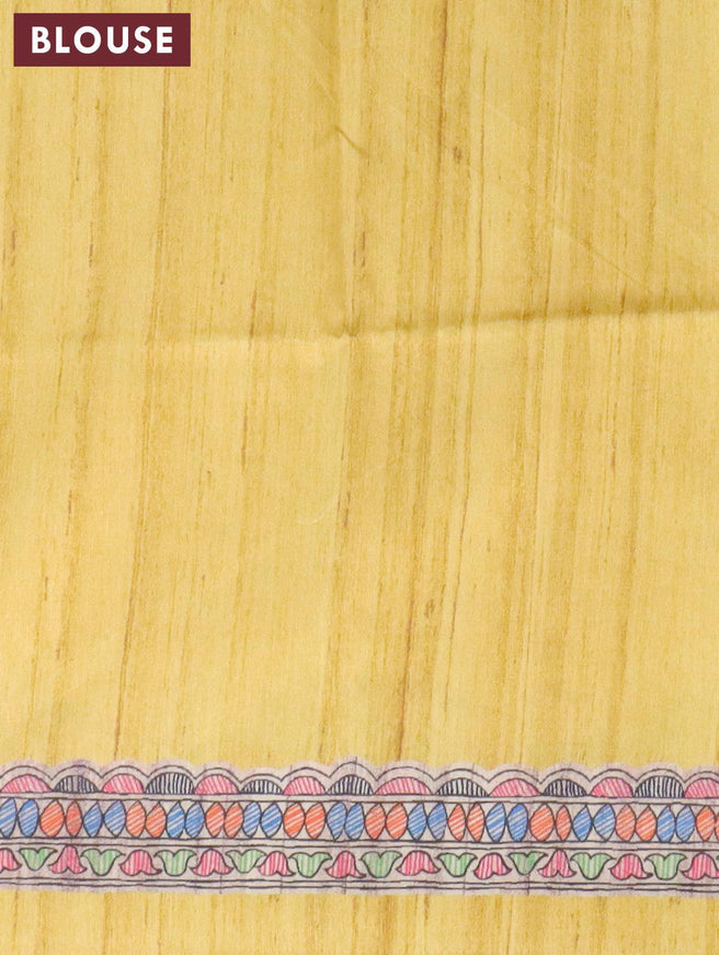 Semi tussar saree yellow and beige with madhubani butta prints and madhubani printed border - {{ collection.title }} by Prashanti Sarees