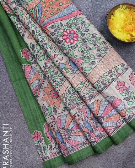 Semi tussar saree green and beige with madhubani butta prints and madhubani printed border - {{ collection.title }} by Prashanti Sarees