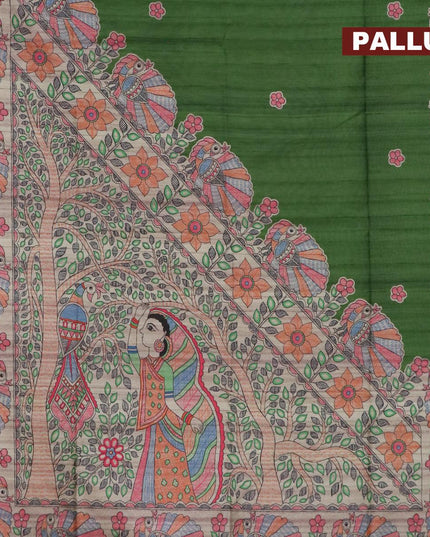Semi tussar saree green and beige with madhubani butta prints and madhubani printed border - {{ collection.title }} by Prashanti Sarees