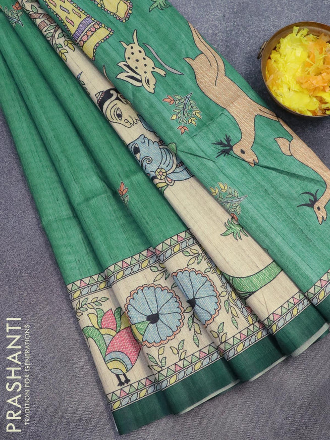 Semi tussar saree teal green and beige with madhubani butta prints and madhubani printed border - {{ collection.title }} by Prashanti Sarees