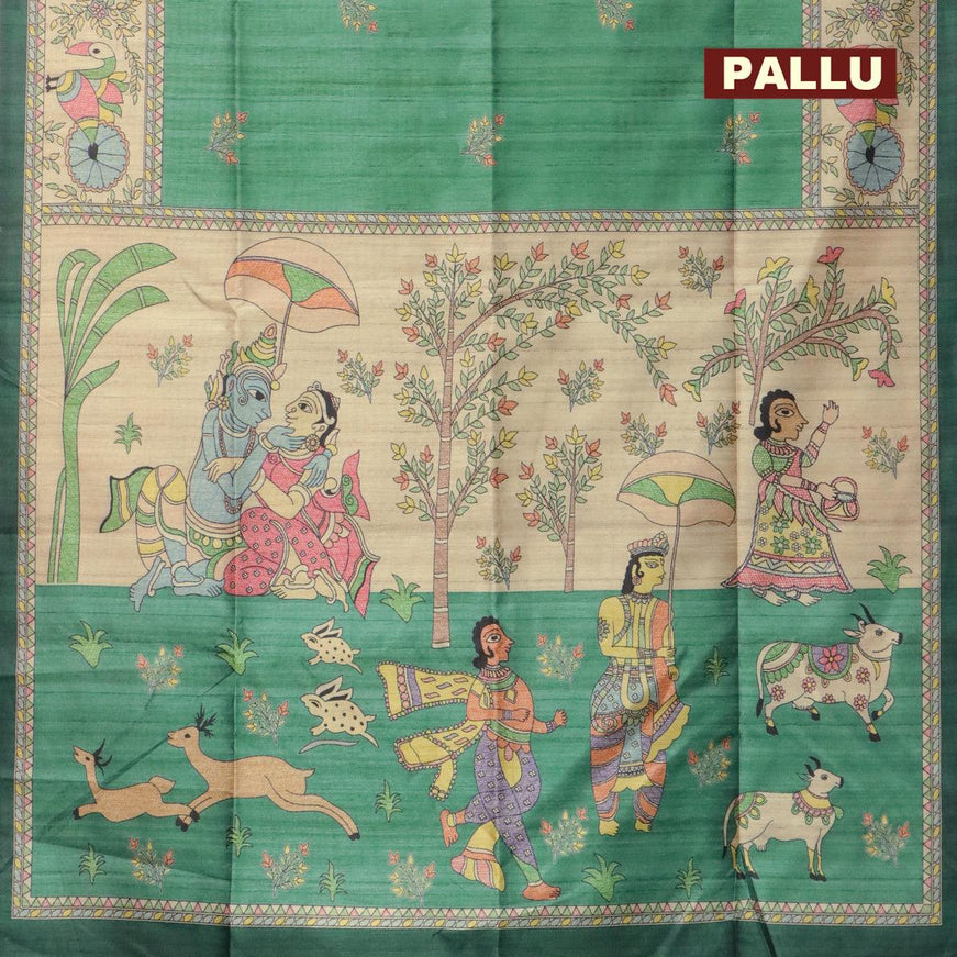 Semi tussar saree teal green and beige with madhubani butta prints and madhubani printed border - {{ collection.title }} by Prashanti Sarees