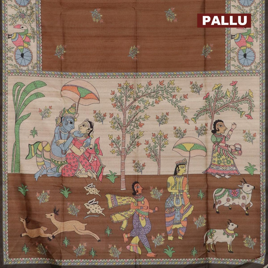 Semi tussar saree brown and beige with madhubani butta prints and madhubani printed border - {{ collection.title }} by Prashanti Sarees