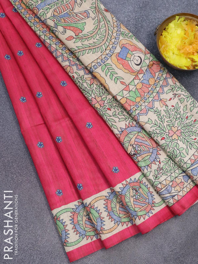 Semi tussar saree pink and beige with madhubani butta prints and madhubani printed border - {{ collection.title }} by Prashanti Sarees