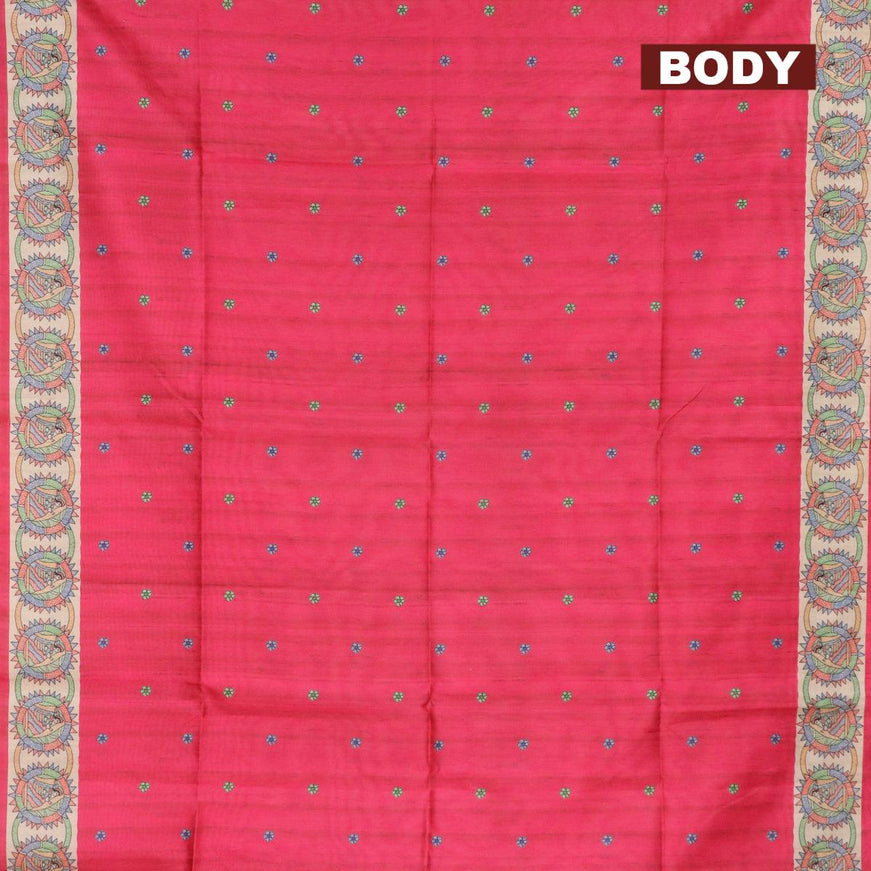 Semi tussar saree pink and beige with madhubani butta prints and madhubani printed border - {{ collection.title }} by Prashanti Sarees