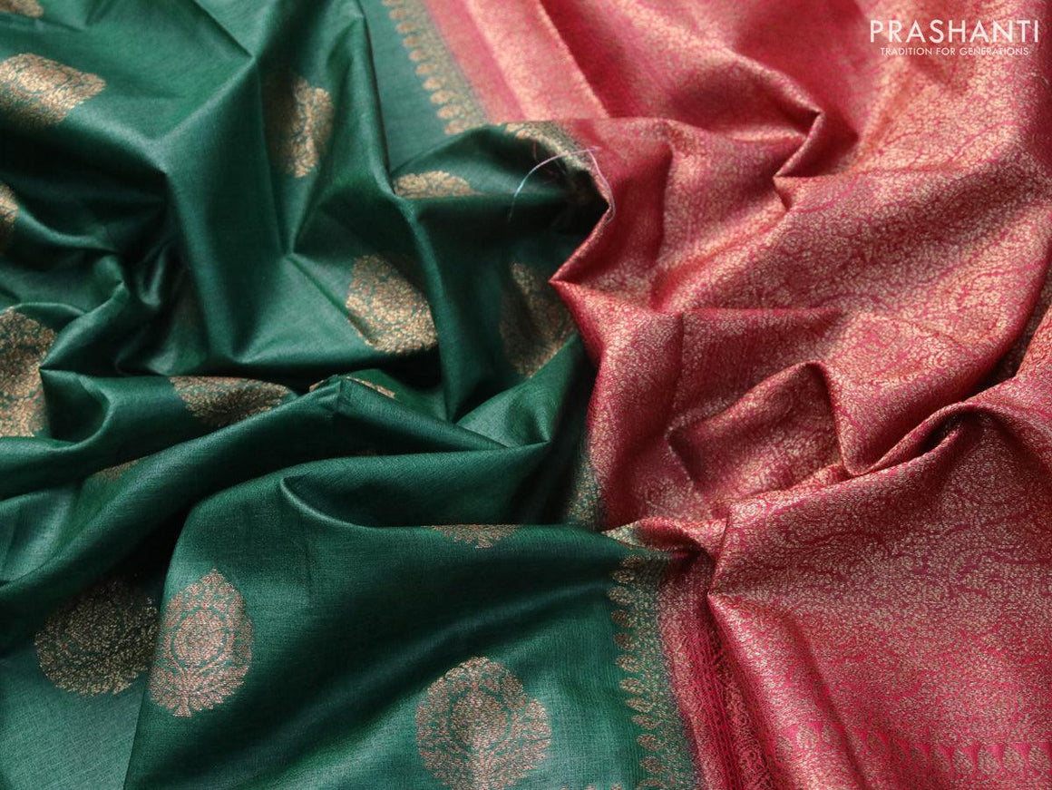Banarasi tussar silk saree dark green and maroon with thread & zari woven buttas and woven border - {{ collection.title }} by Prashanti Sarees