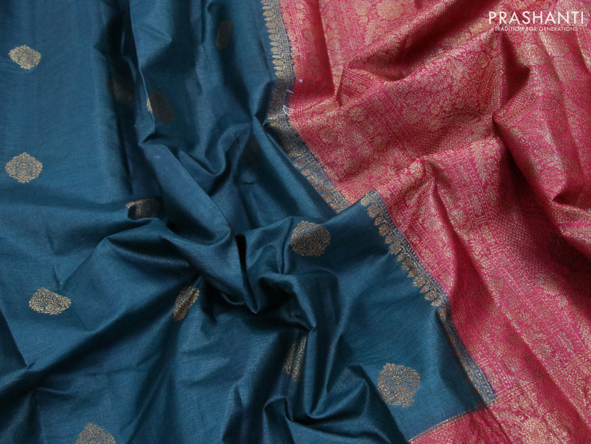 Banarasi tussar silk saree peacock green and pink with allover thread & zari woven buttas and woven border