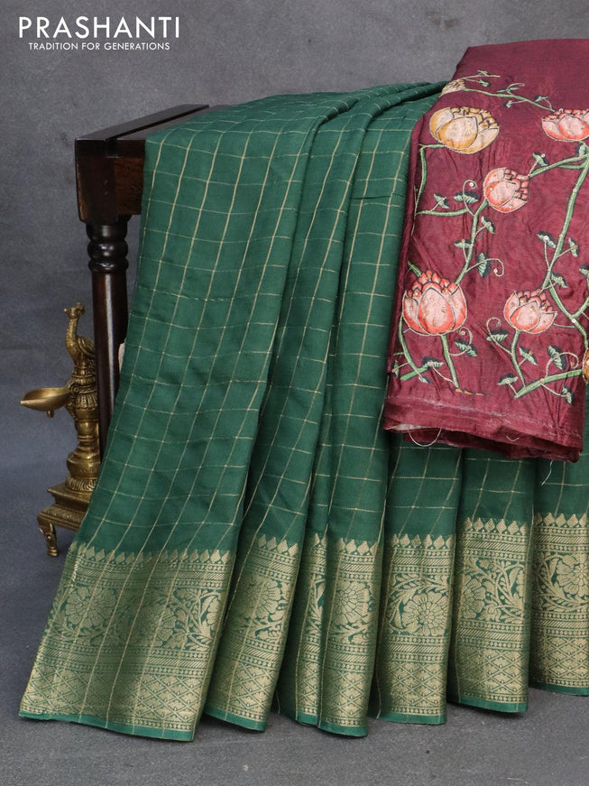 Dola silk saree green and deep maroon with allover zari checked pattern and rich zari woven border - {{ collection.title }} by Prashanti Sarees