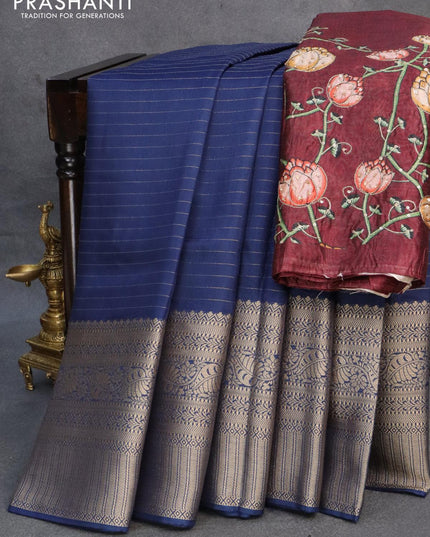 Dola silk saree blue and deep maroon with allover zari woven stripes pattern and rich zari woven border - {{ collection.title }} by Prashanti Sarees