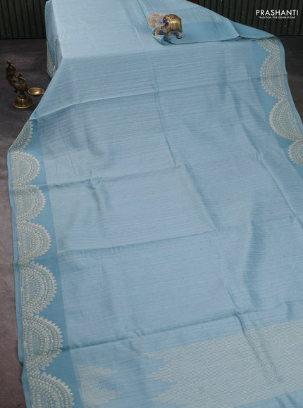 Jute silk saree pastel blue with embroidery buttas and embroidery border