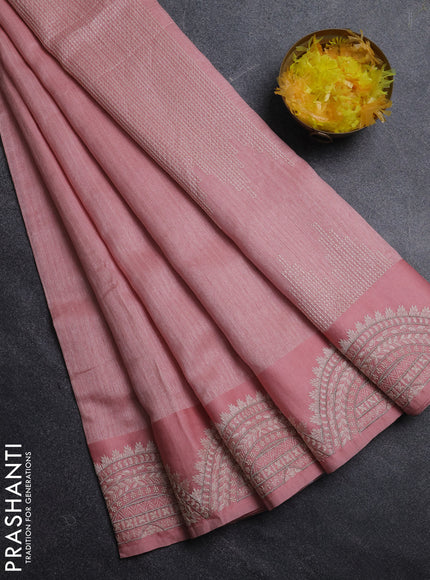 Jute silk saree peach shade with embroidery buttas and embroidery border