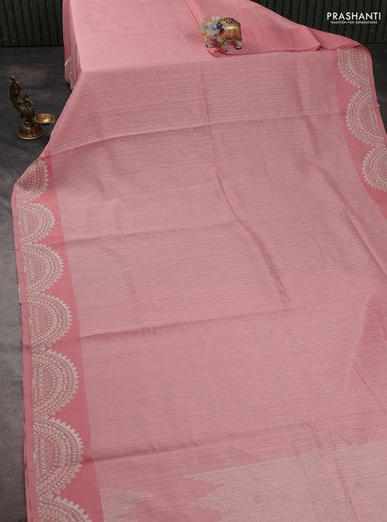 Jute silk saree peach shade with embroidery buttas and embroidery border