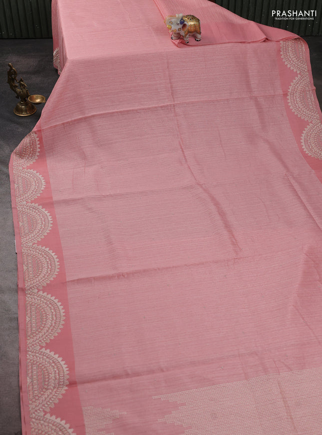 Jute silk saree peach shade with embroidery buttas and embroidery border