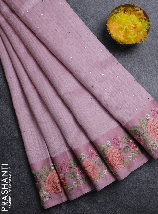 Jute silk saree pastel pink with embroidery buttas and floral embroidery butta border