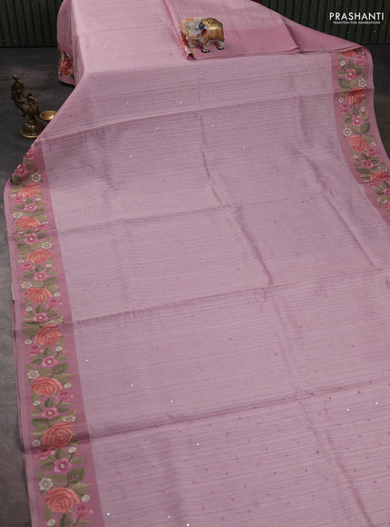 Jute silk saree pastel pink with embroidery buttas and floral embroidery butta border