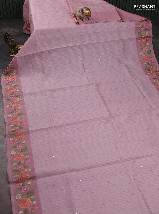 Jute silk saree pastel pink with embroidery buttas and floral embroidery butta border