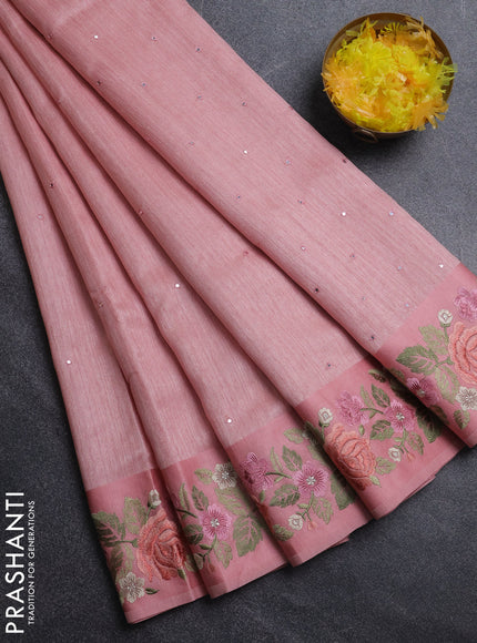 Jute silk saree peach shade with embroidery buttas and floral embroidery butta border