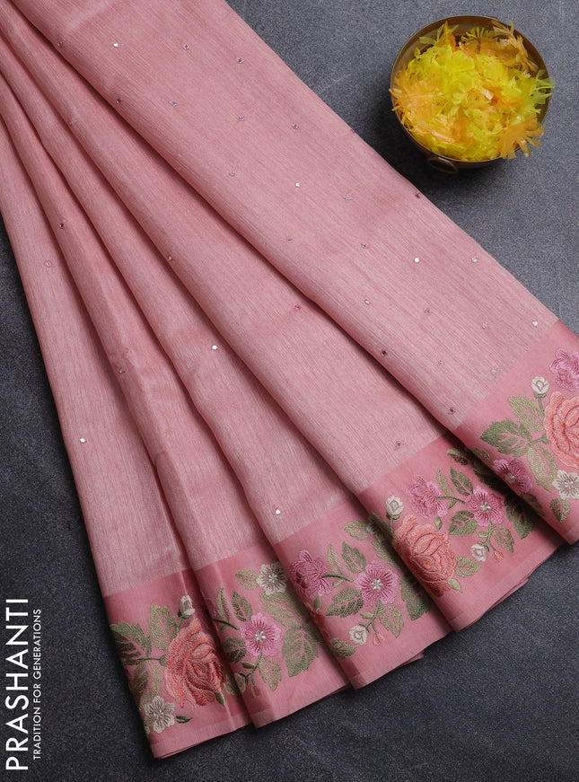 Jute silk saree peach shade with embroidery buttas and floral embroidery butta border
