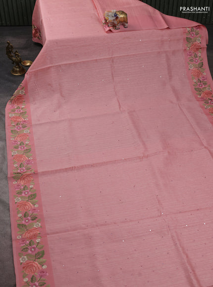 Jute silk saree peach shade with embroidery buttas and floral embroidery butta border