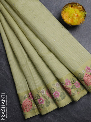 Jute silk saree pista green with embroidery buttas and floral embroidery butta border