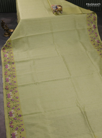Jute silk saree pista green with embroidery buttas and embroidery border
