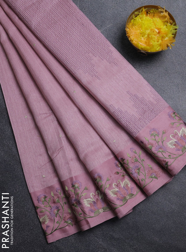 Jute silk saree pastel pink with embroidery buttas and embroidery border