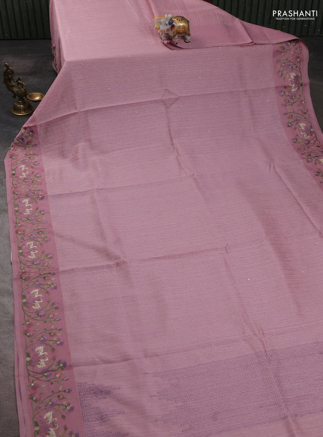 Jute silk saree pastel pink with embroidery buttas and embroidery border
