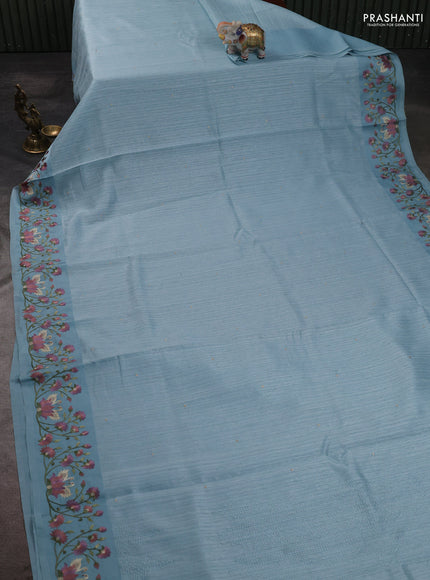 Jute silk saree pastel blue with embroidery buttas and embroidery border