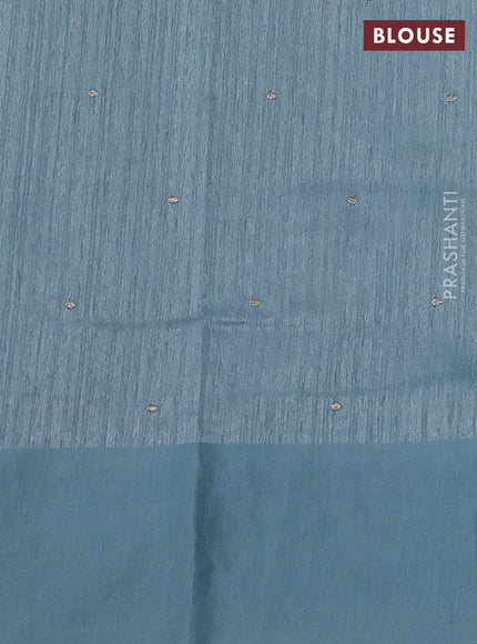 Jute silk saree pastel blue with embroidery buttas and embroidery border