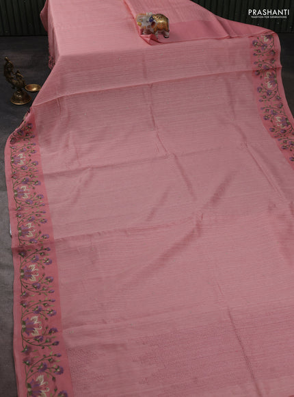 Jute silk saree peach shade with embroidery buttas and embroidery border