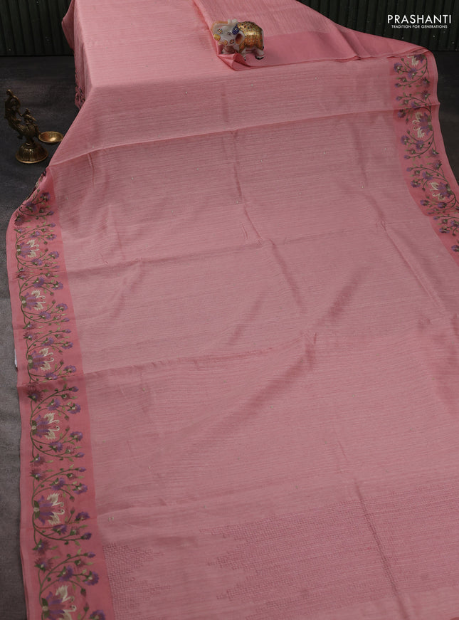 Jute silk saree peach shade with embroidery buttas and embroidery border