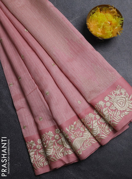 Jute silk saree peach shade with embroidery buttas and parsi embroidery border