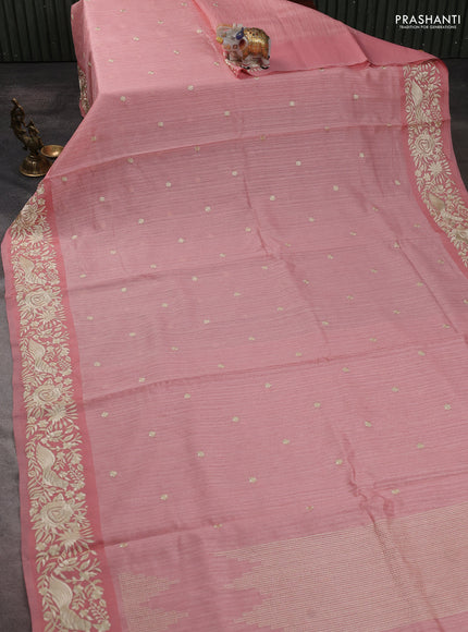 Jute silk saree peach shade with embroidery buttas and parsi embroidery border